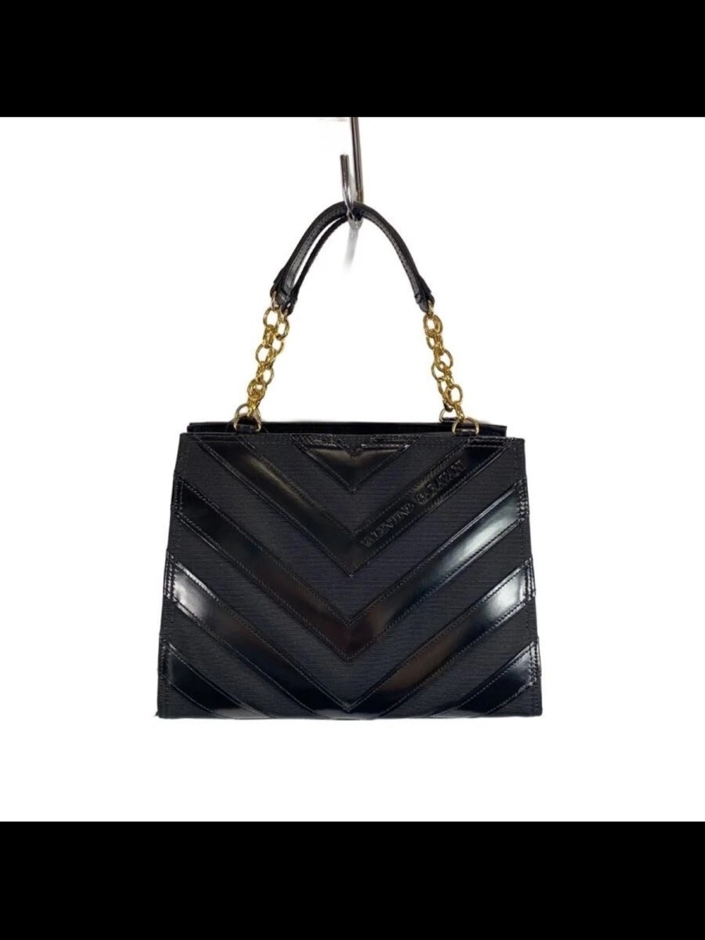 Valentino Garavani Black Chevron Satchel with Gold Chain Handle